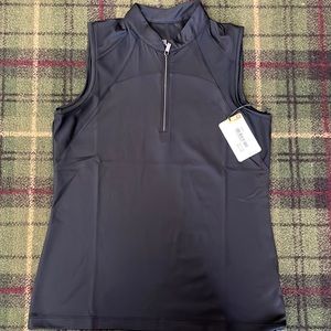 Black Sleeveless mandarin collar shirt. Great for layering, golf, resort Tail